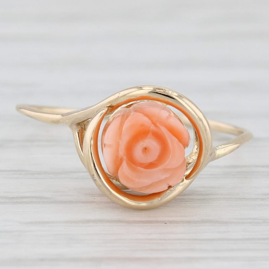 Carved Coral Flower Rose Ring 14k Yellow Gold Size 4.5 Vintage Floral