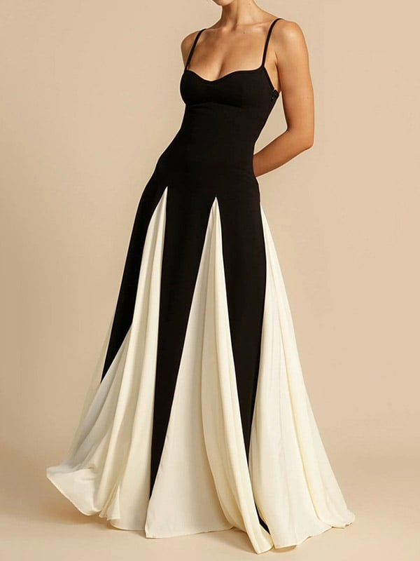 A-Line Sleeveless Contrast Color Pleated Split-Joint Spaghetti-Neck Evening Dresses Maxi Dresses