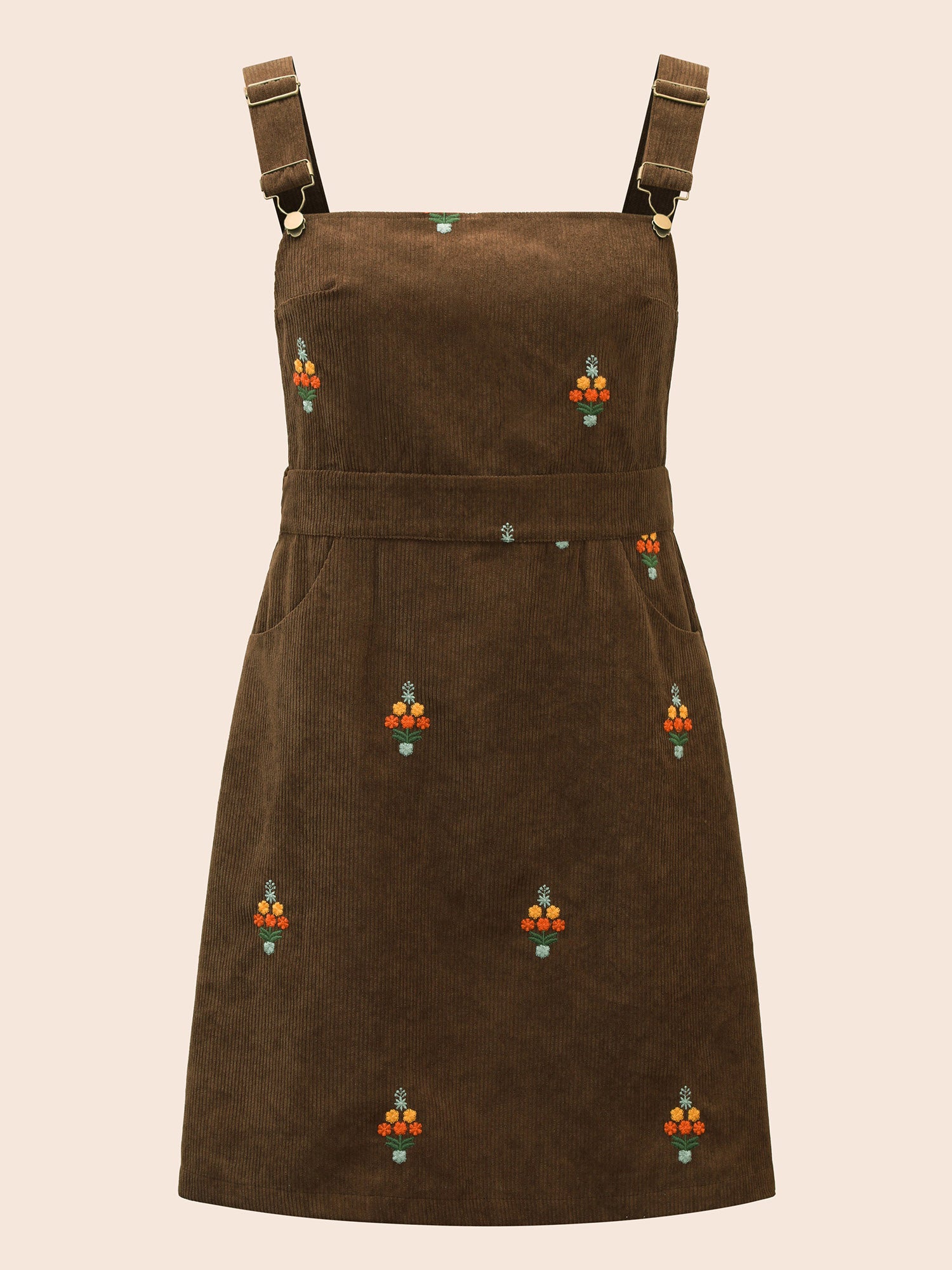 Floral Embroidered Corduroy Overall Dress