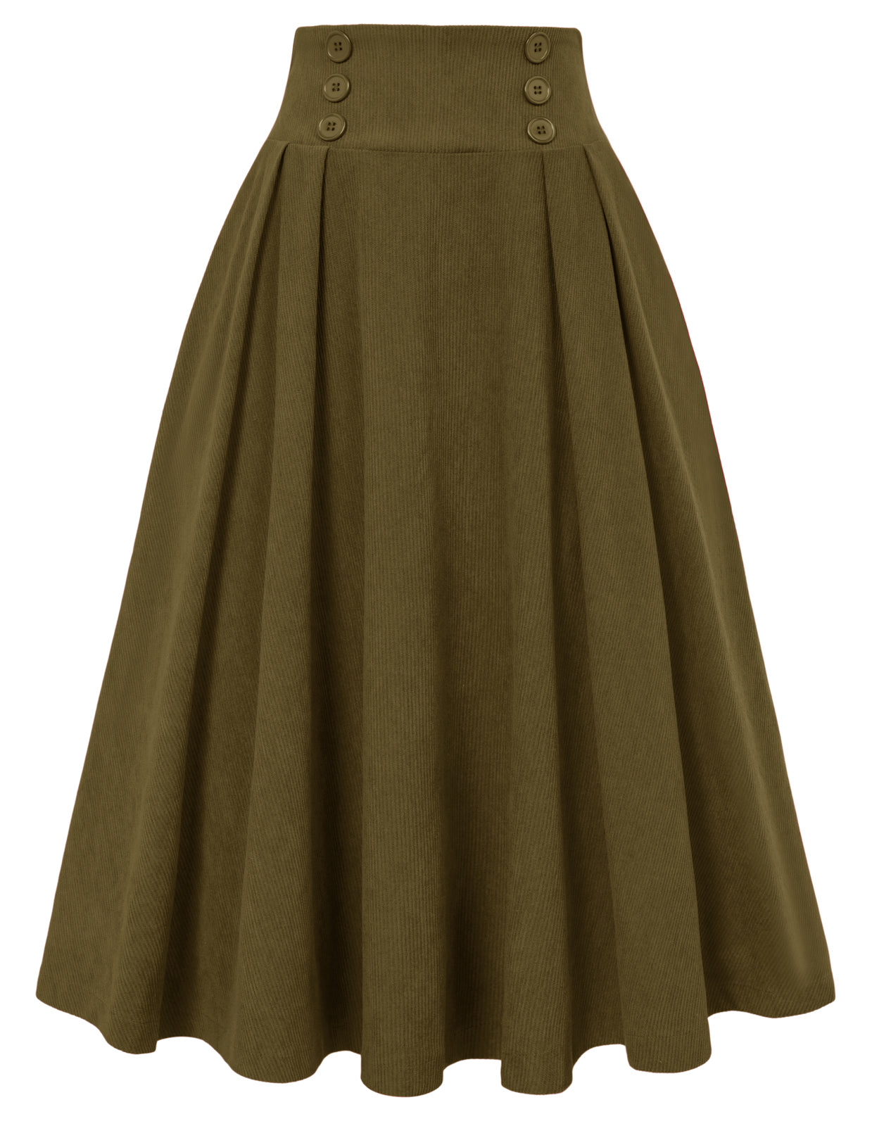 Vintage Corduroy Skirt Elastic High Waist Buttons Decorated Swing Skirt with Pockets