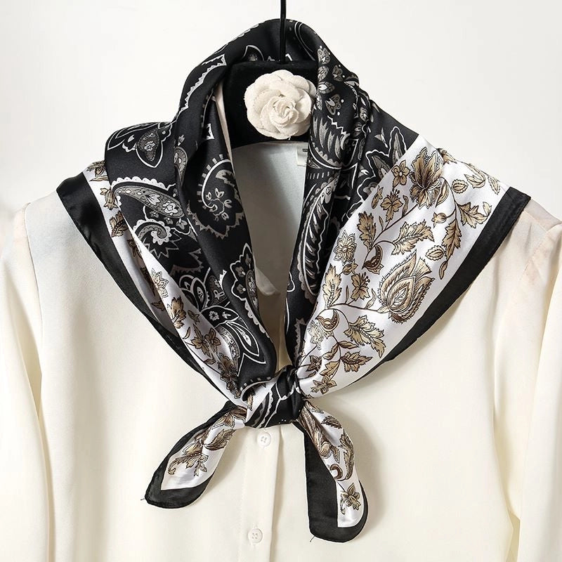 Women's Elegant Color Block Flower Satin Silk Scarf Kerchief