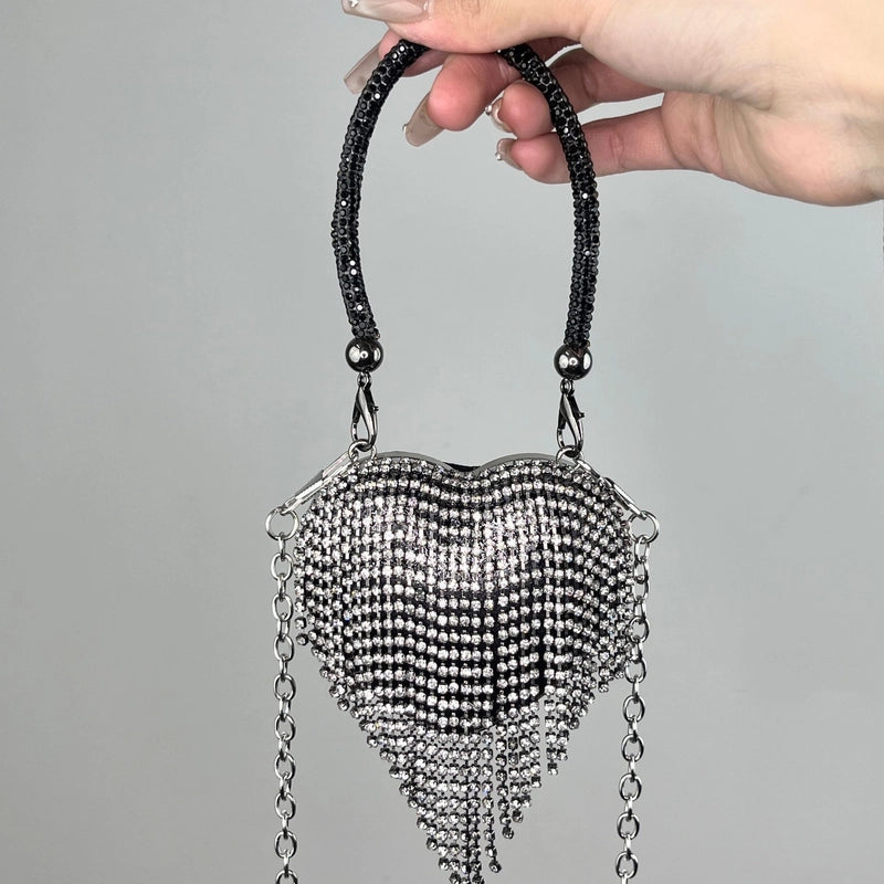Silver Tassel Love Portable Silver Big Diamond Love Portable Silver Small Diamond Love Portable Plastic Metal Heart Shape Tassel Heart-shaped Evening Bags