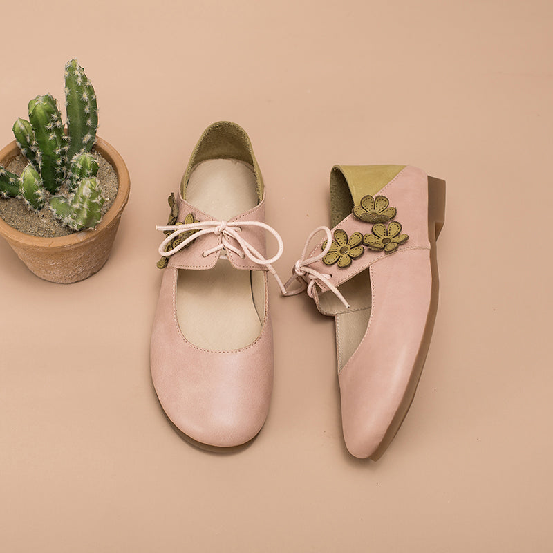 Soft Leather Mary Jane Flats Handmade Flowers Details Pink/Apricot