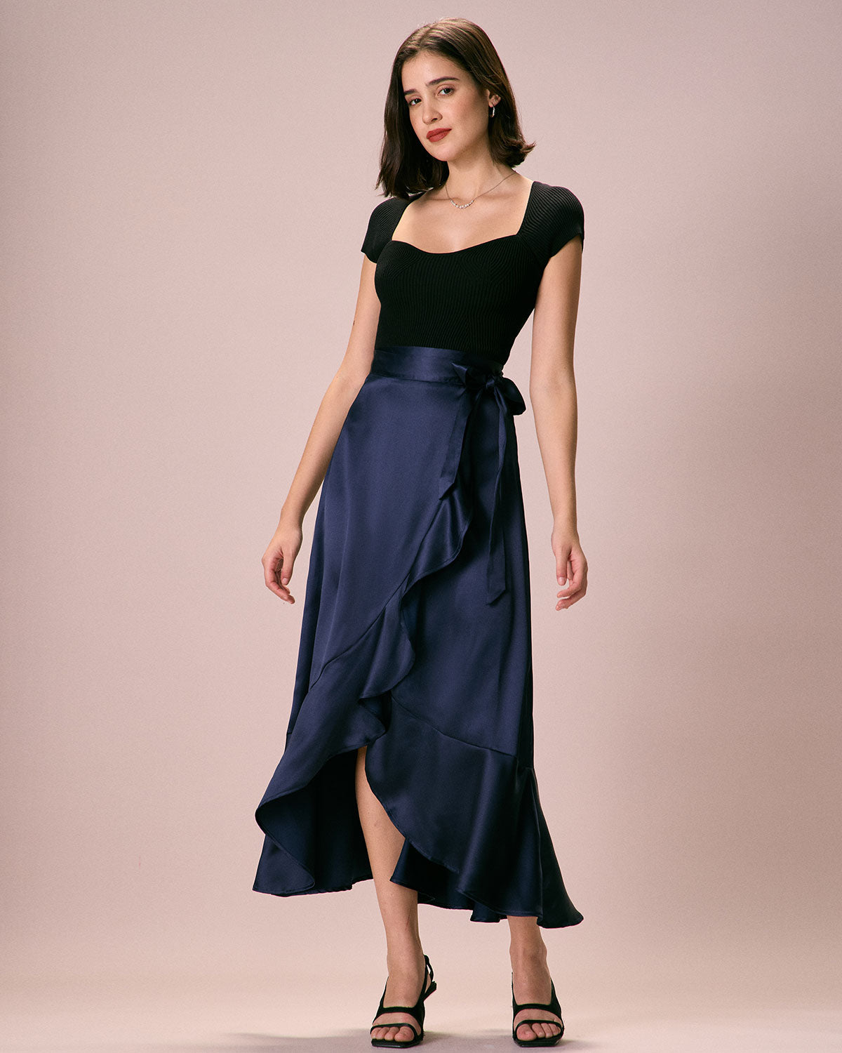 The Navy Drawstring Ruffle Satin Midi Skirt