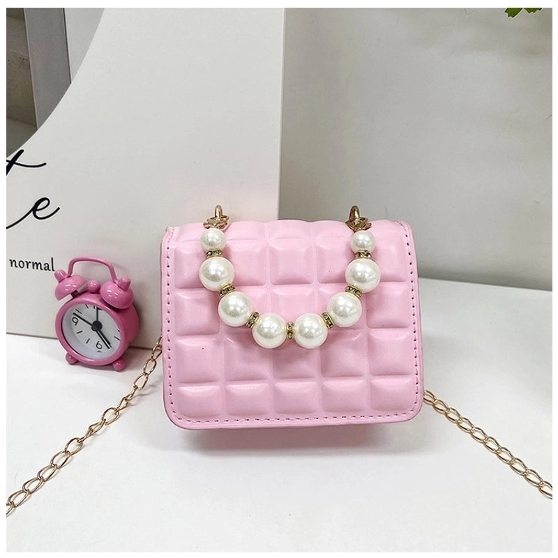 Girl's Small Pu Leather Solid Color Lingge Cute Pearls Zipper Crossbody Bag