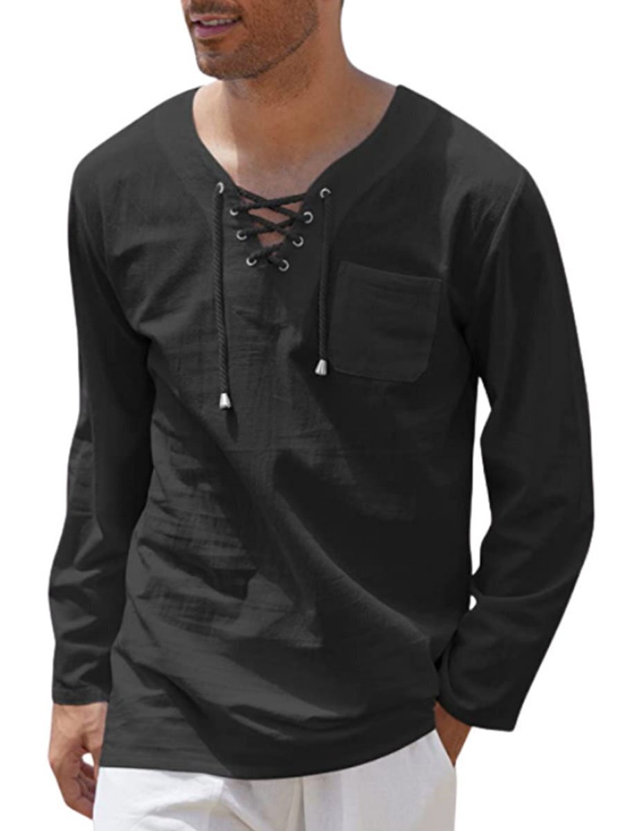 7-pack Woven Cotton And Linen Fashion Casual Lace-up V-neck Long Sleeve Shirt Top