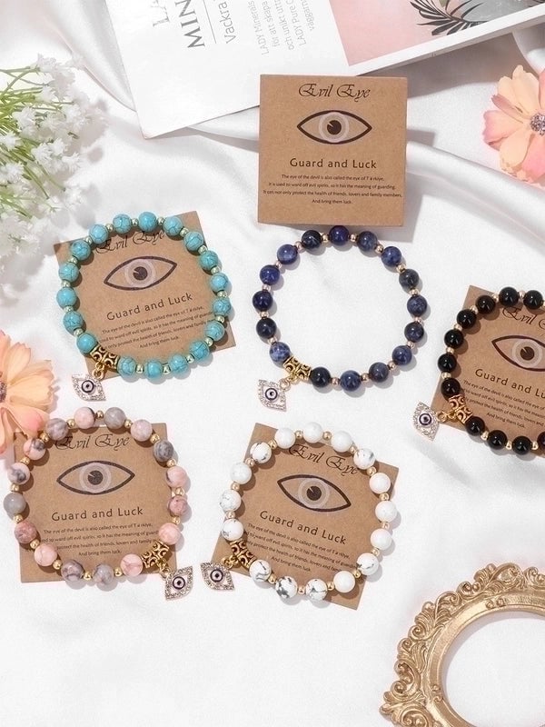 Retro Ethnic Style Devil'S Eye Alloy Natural Stone Elastic String Woven Chain Bracelets In Bulk