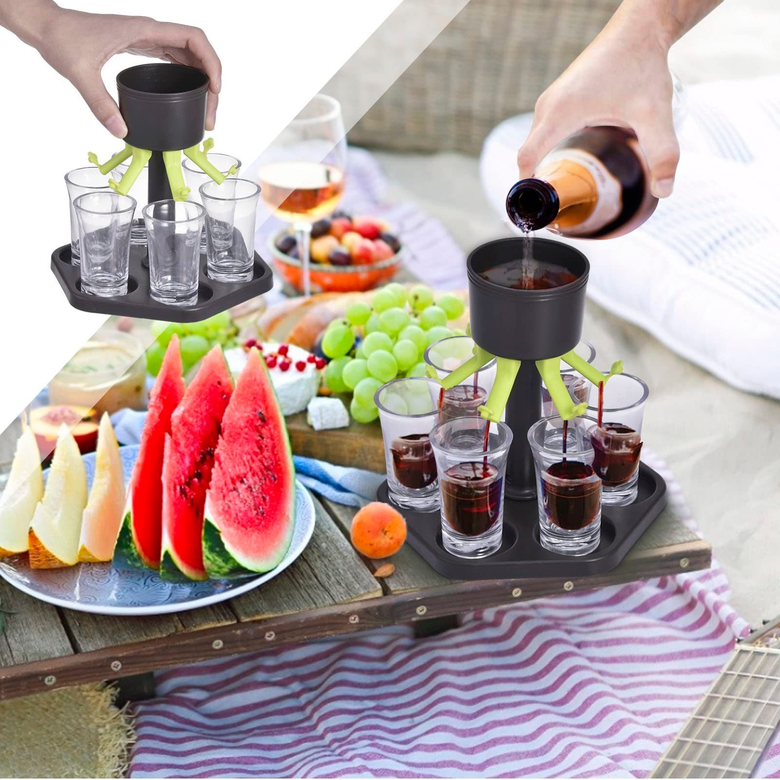 Drink Dispenser with 6 Shot Glasses and Holder Set