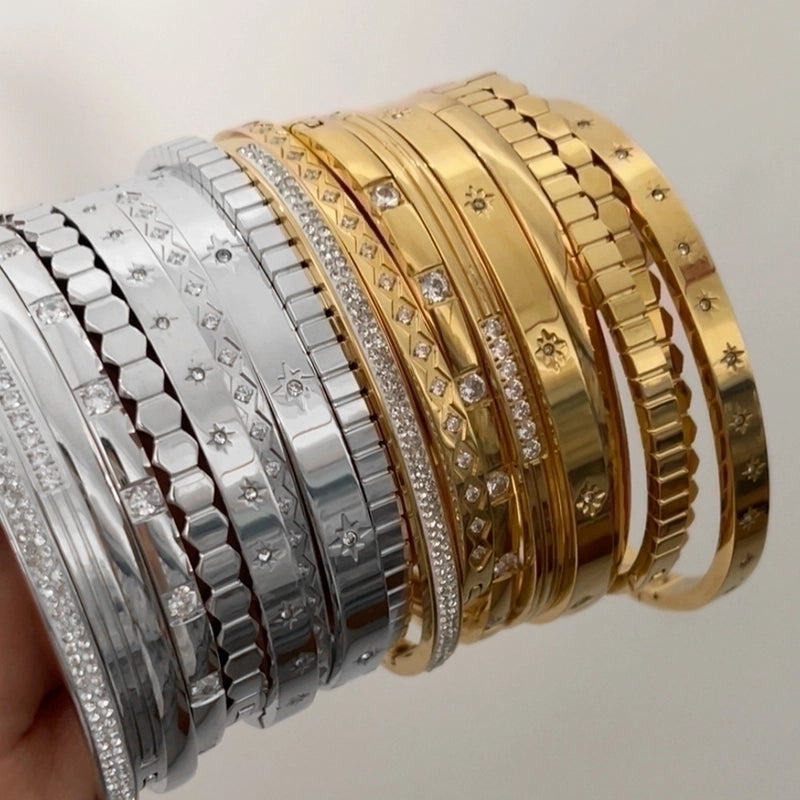 Minimalist Classic Style Geometric Stainless Steel Plating Inlay Zircon Bangle