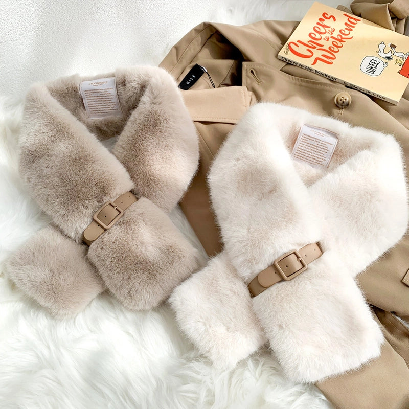 Women's Plush Collar Scarf With Belt Buckle Autumn And Winter Warm Fashionable All-match Cross Scarf
