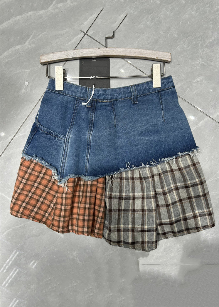 Retro Black Plaid Patchwork High Waist Denim Skirt Summer