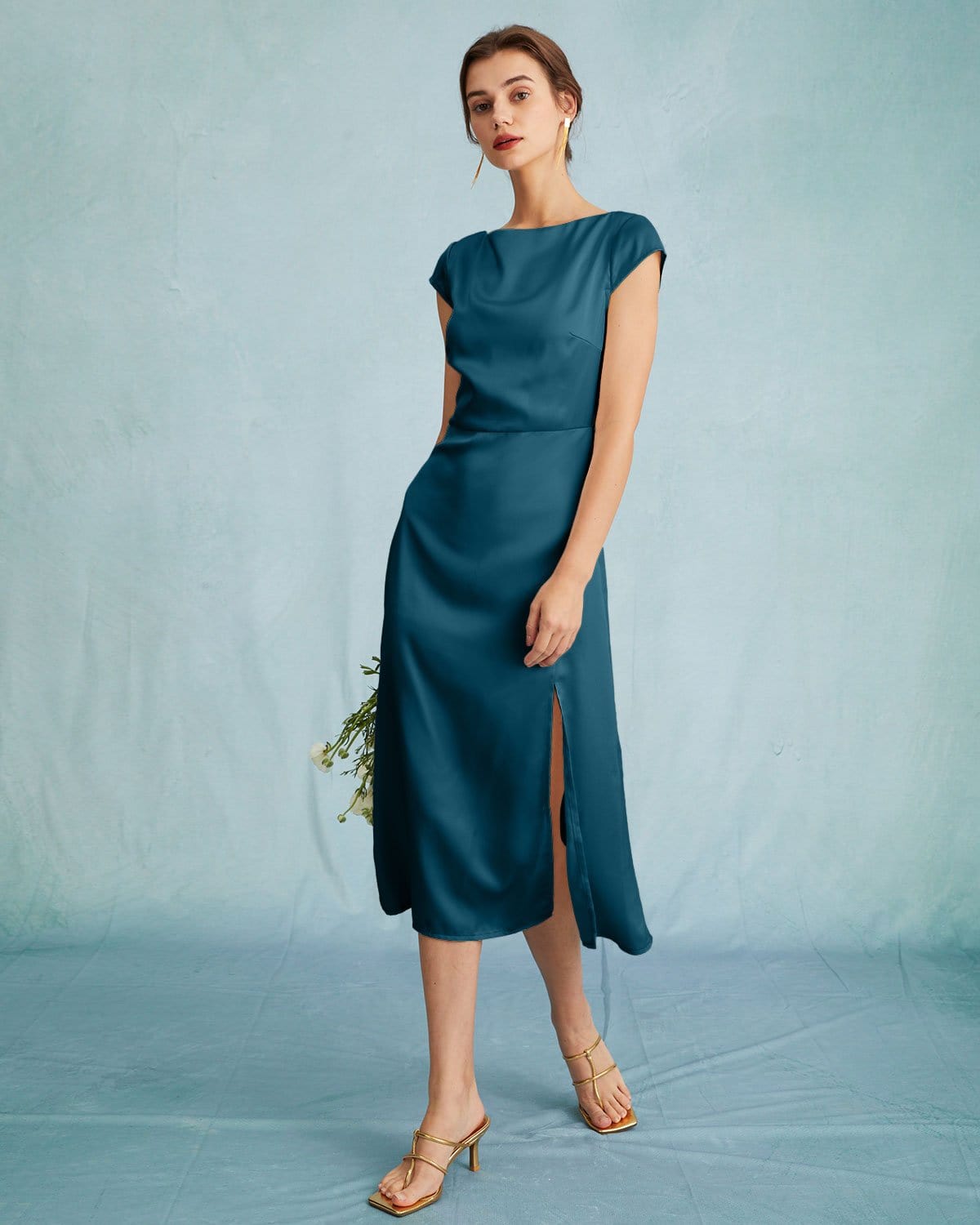 The Navy Satin Cap Sleeve Sheath Slit Midi Dress