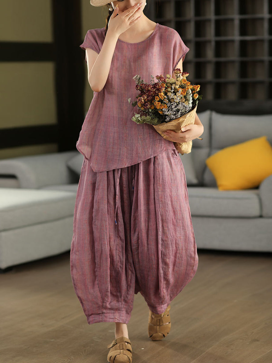 Women Summer Retro Print 100%Ramie Bloomers