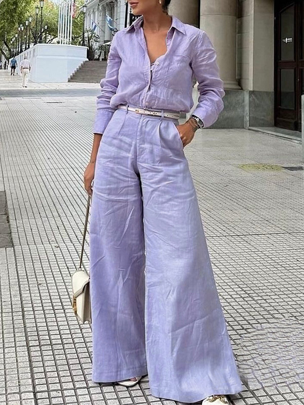 Long Sleeves Loose Solid Color Split-Joint Lapel Blouses&Shirts Tops