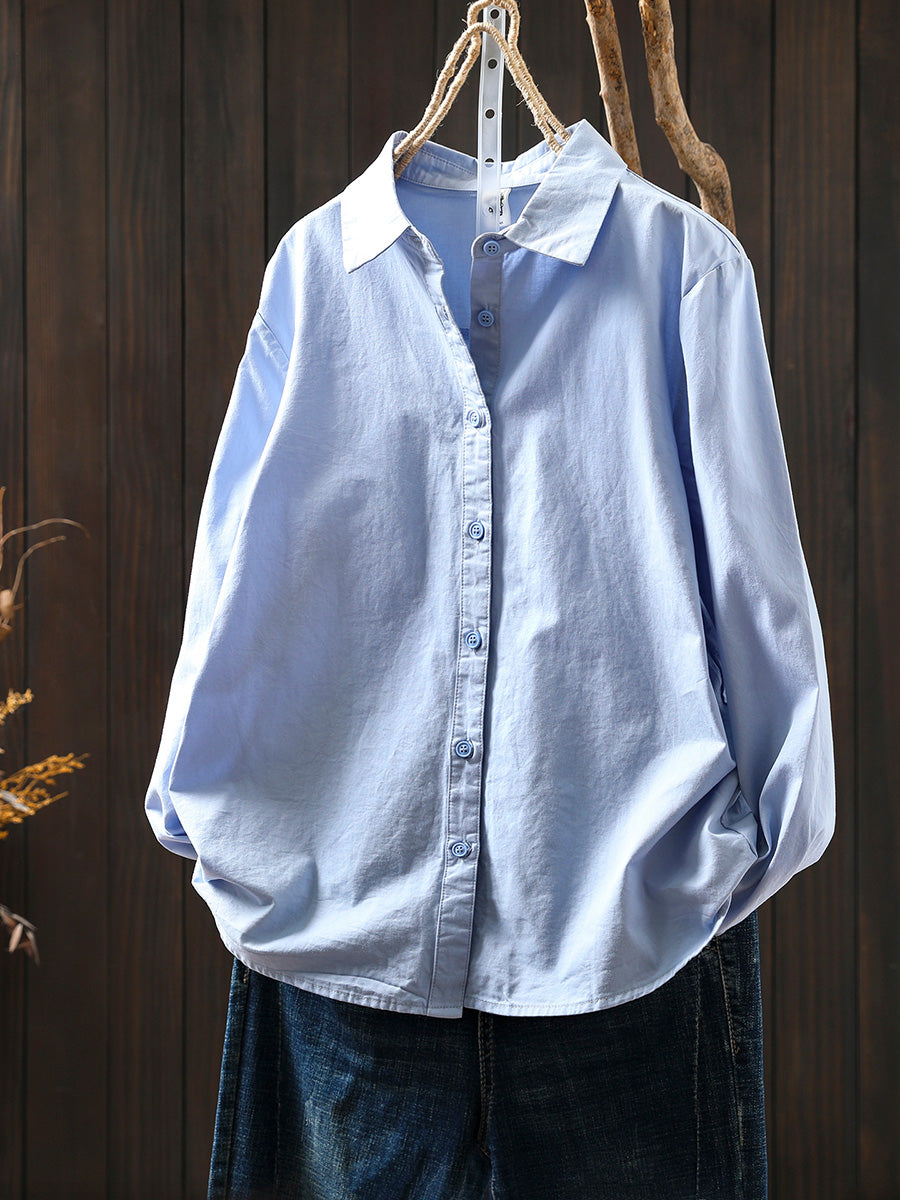 Women Summer Pure Color Turn-down Collar 100%Cotton Shirt