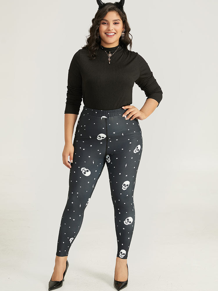 Halloween Skull & Star Print Elastic Waist Leggings