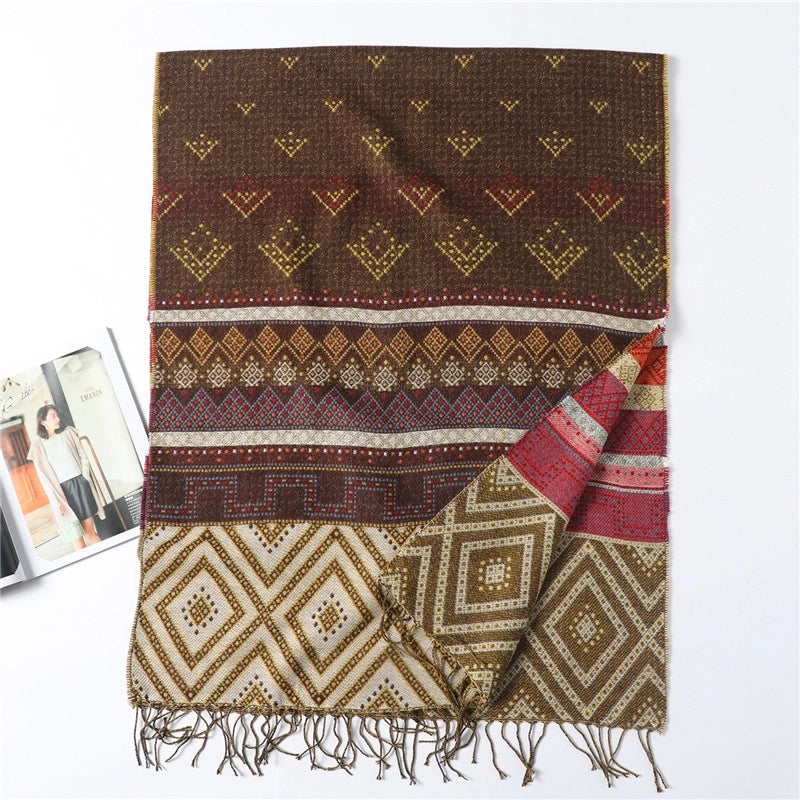 Fashion Diamond Plaid Shawl Scarf Women's Winter Warm Scarf Tassel Artificial Cashmere Scarf Double-Sided Color Matching