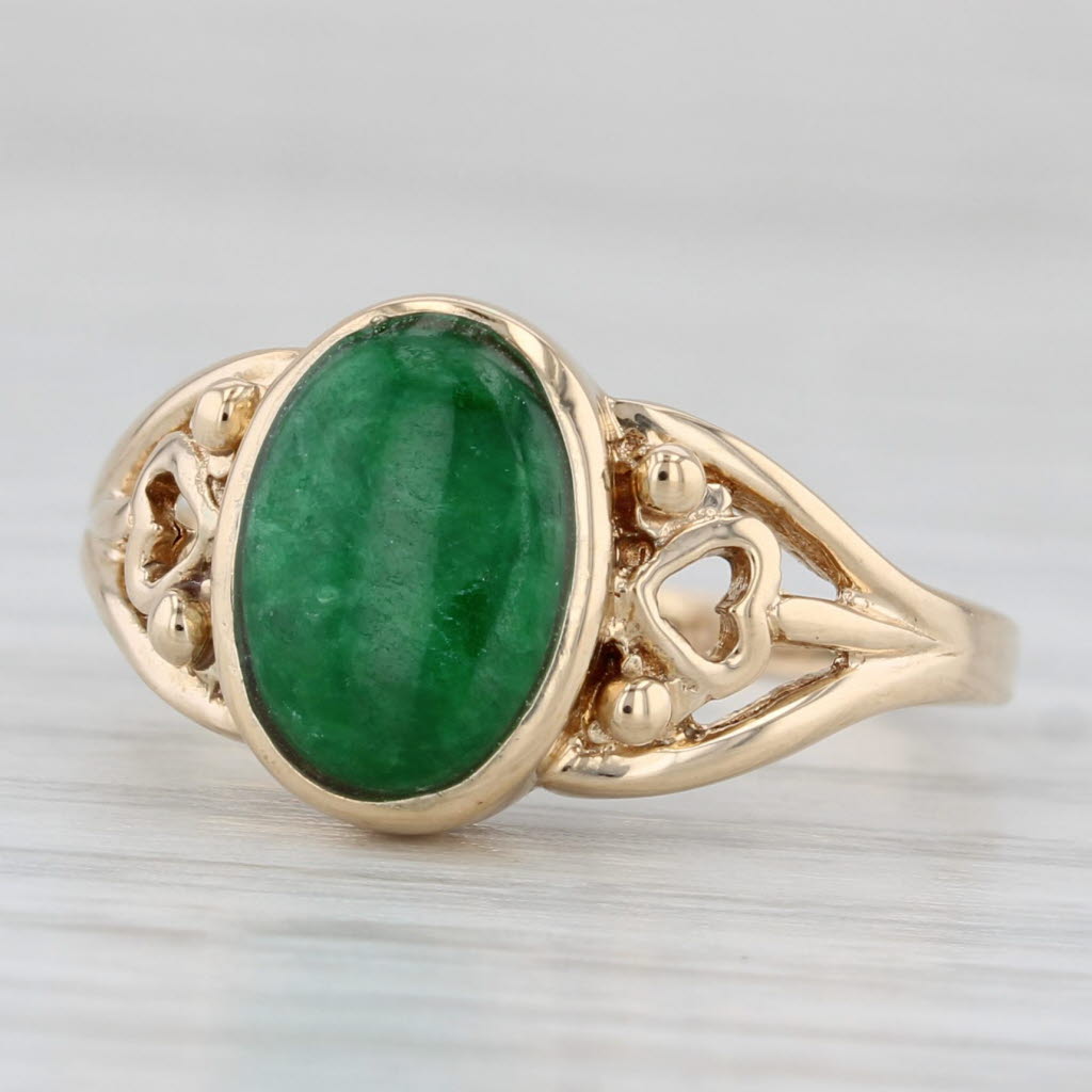 Green Jadeite Jade Oval Cabochon Solitaire Ring 14k Gold Size 6.5 Heart Accents