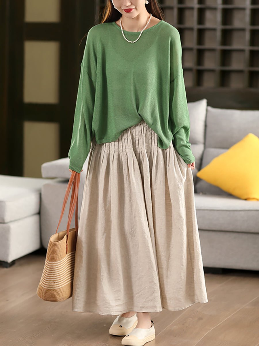 Women Summer Pure Color Shirred 100%Linen Skirt