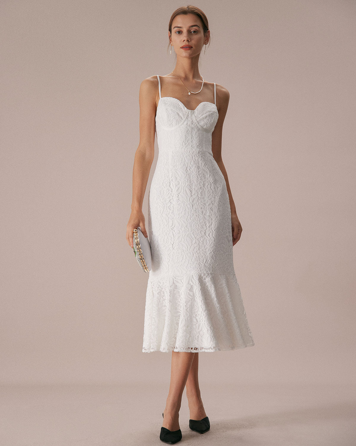 The White Lace Ruffle Slip Mermaid Midi Dress