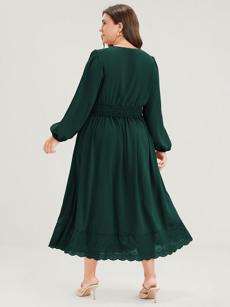 Solid Pocket Lantern Sleeve Patchwork Ruffled Shirred Dress