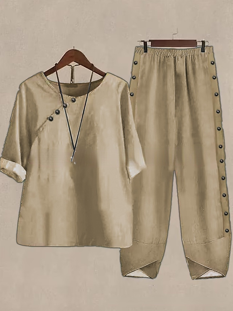 5/4 Sleeved Cotton Linen Top And Pants Two-piece Set