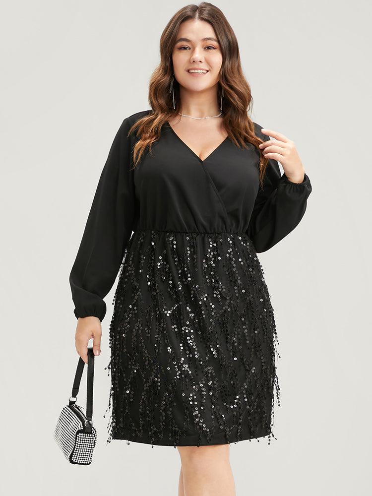 Solid Patchwork Wrap Sequin Tassel Detail Dress