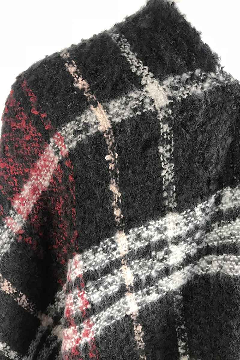 Plaid Fringed Knit Shawl Coat