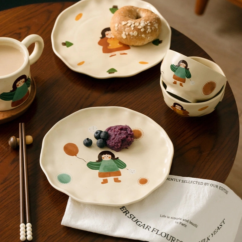 Vintage Girl's Dinner Plate Cute Plate Household Ceramic Plate Cartoon Plate Rice Bowl Small Bowl Mug With Lid