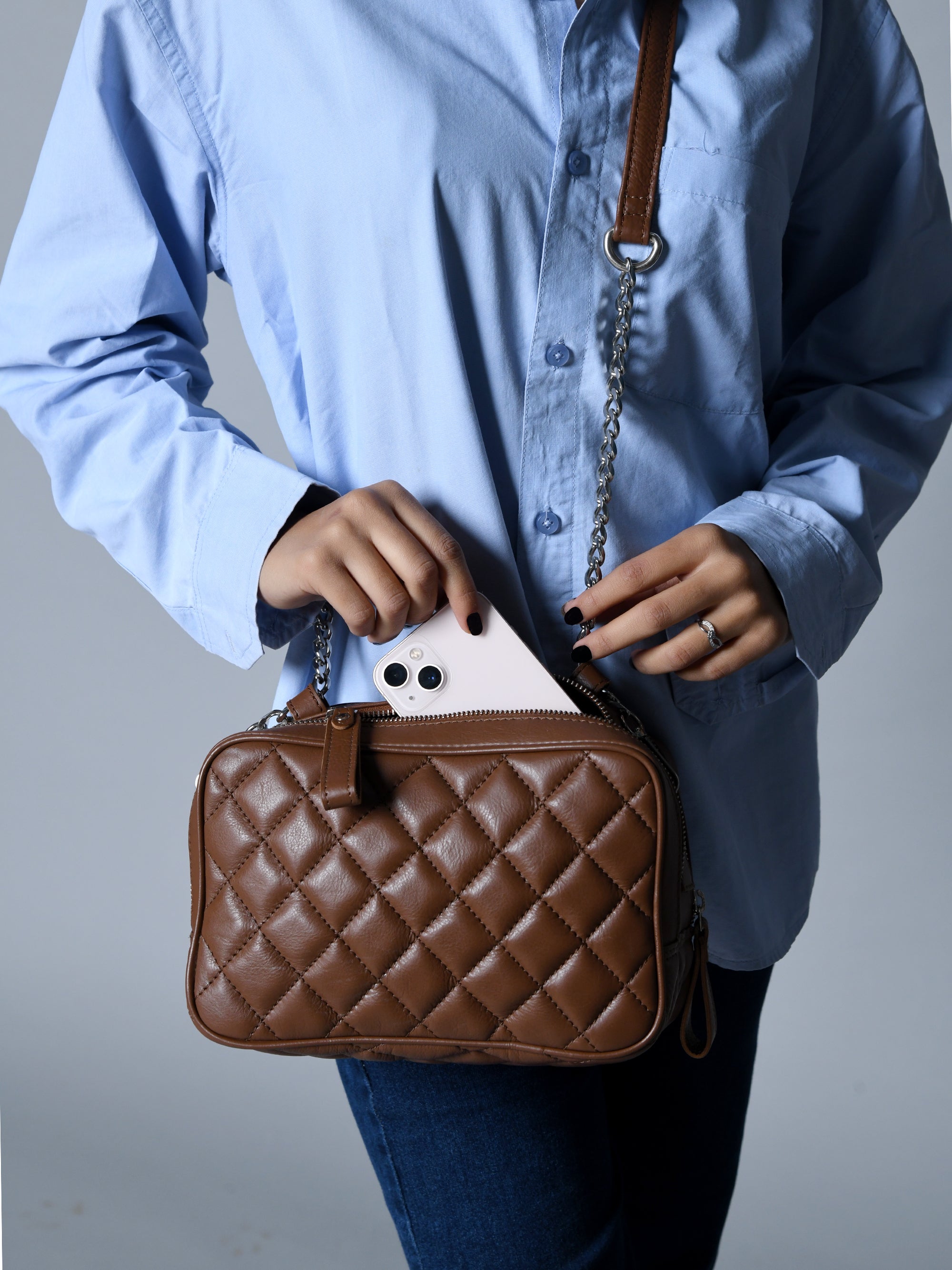 Stylish Mini Quilted Crossbody Bag. Rich Brown