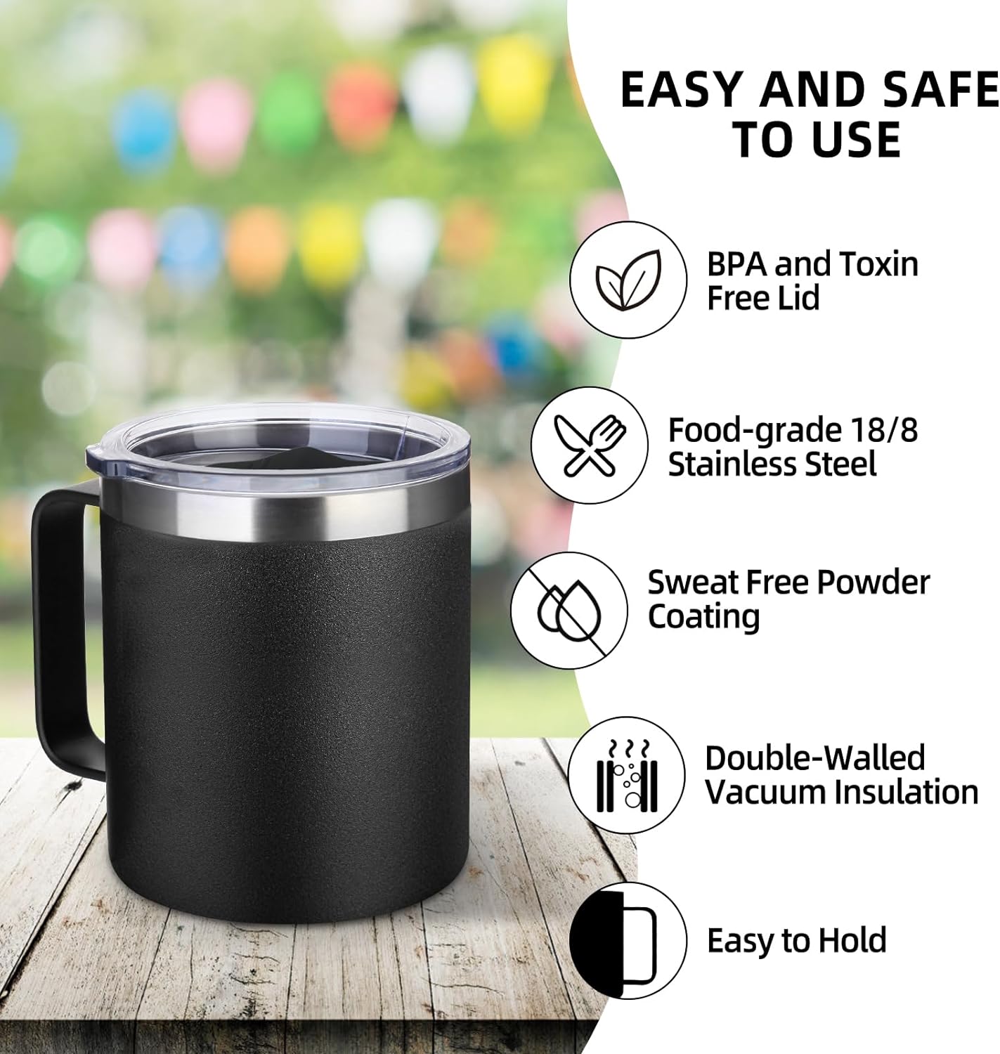 Volhoply 14oz Insulated Stainless Steel Coffee Mug with Leakproof Lid,Double Wall Vacuum Travel Coffee Cup with Handle,Reusable Metal Tumbler,Camping Mugs Keep Hot/Cold,Christmas Gifts(Black,1