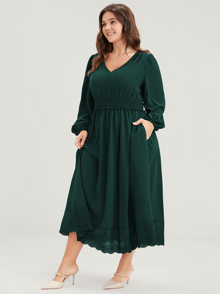 Solid Pocket Lantern Sleeve Patchwork Ruffled Shirred Dress