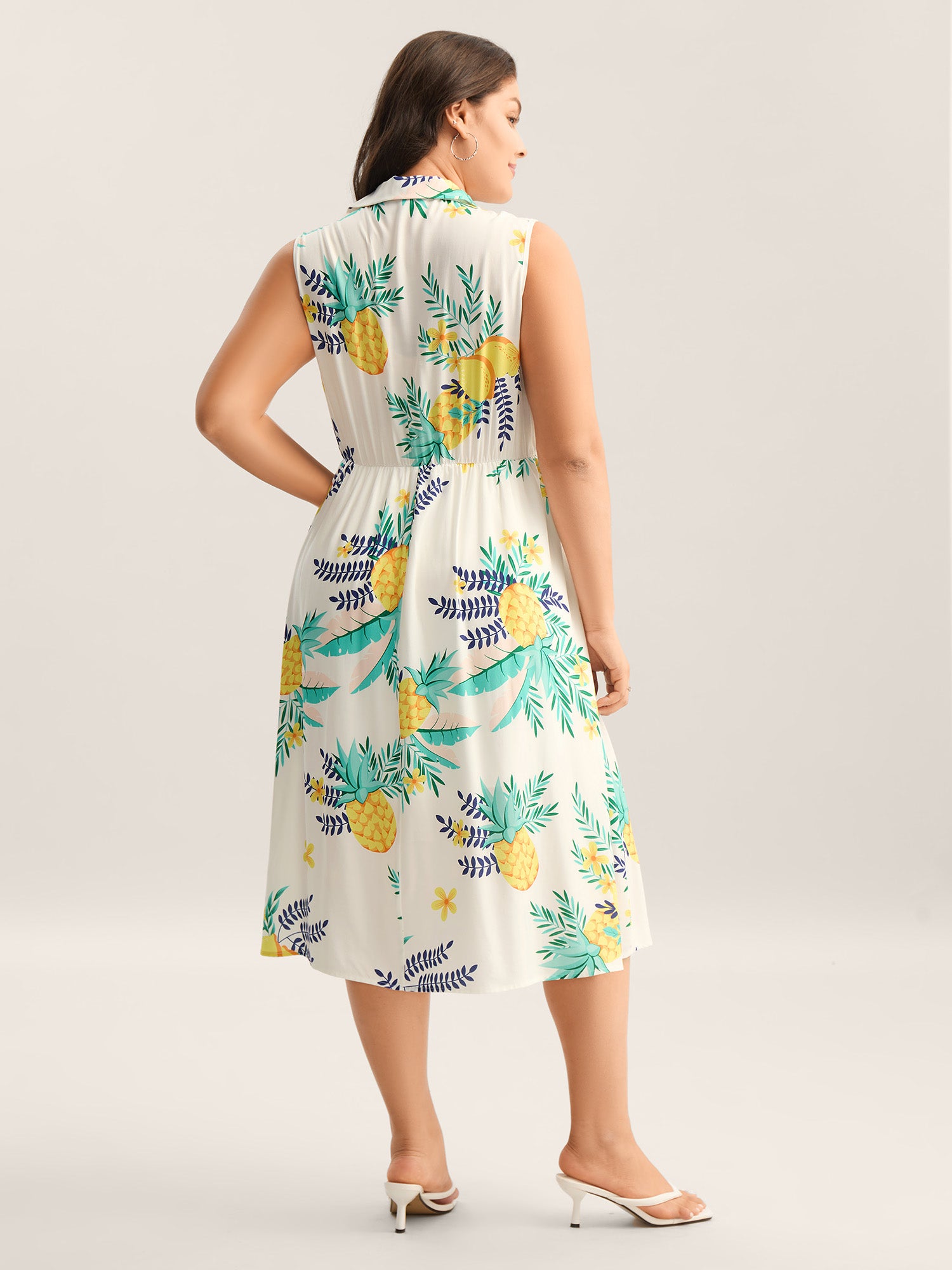 Rayon Fruit Print Collar Pockets Midi Dress