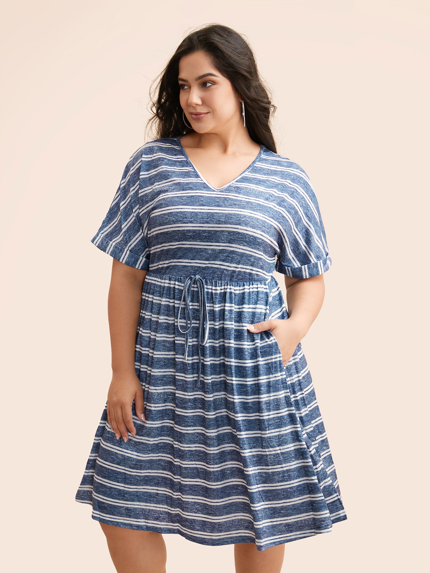 Striped Ties Pocket Roll sleeve Dress