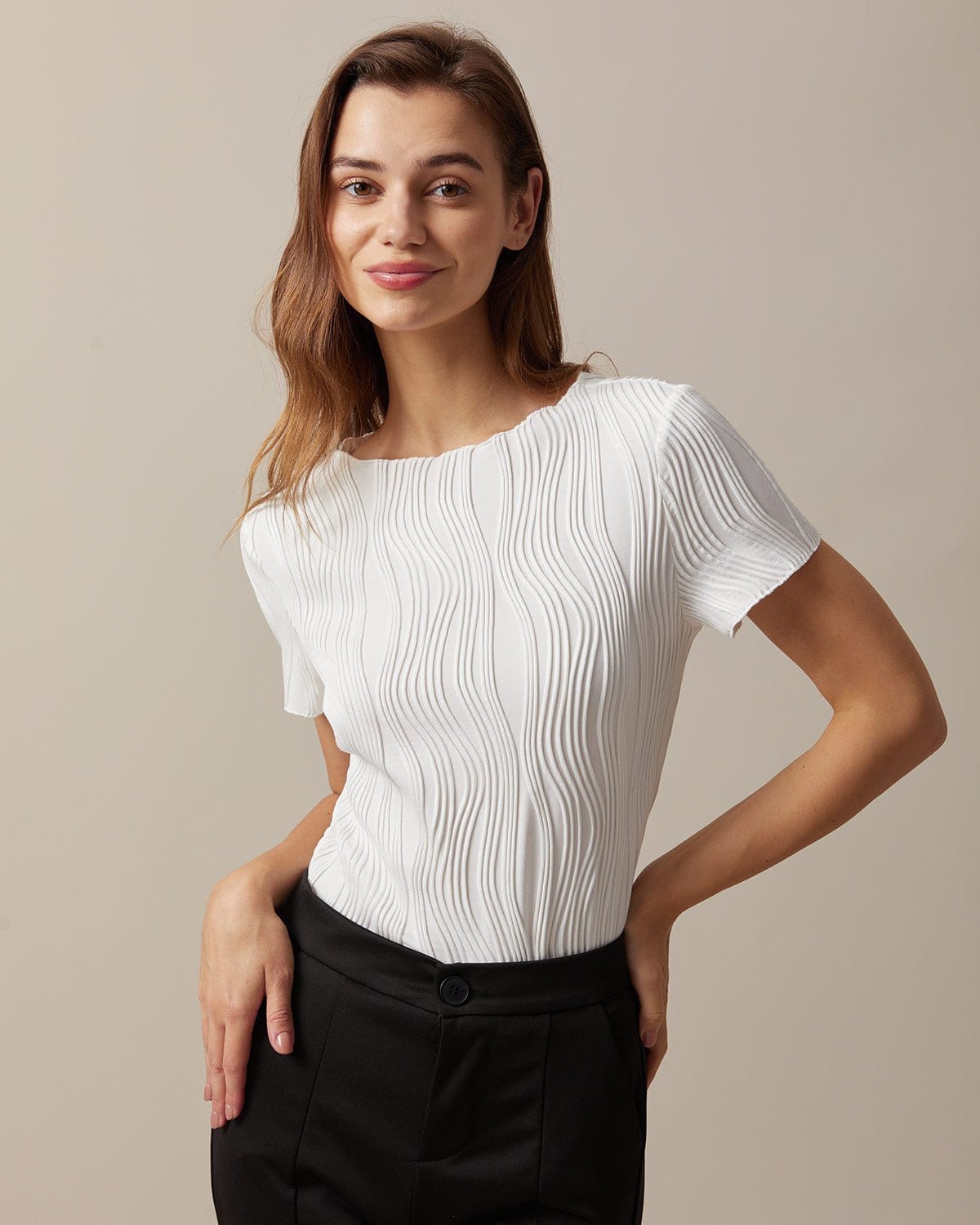 The Solid Boat Neck Water Ripple Textured Tee