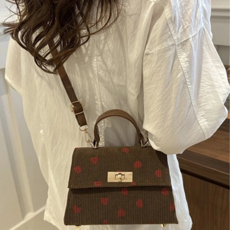 Women's Corduroy Strawberry Leopard Streetwear Square Flip Cover Handbag Crossbody Bag
