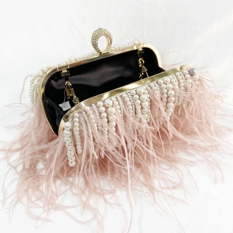Light Grey Black Pink Polyester Solid Color Tassel Pearl Square Evening Bags