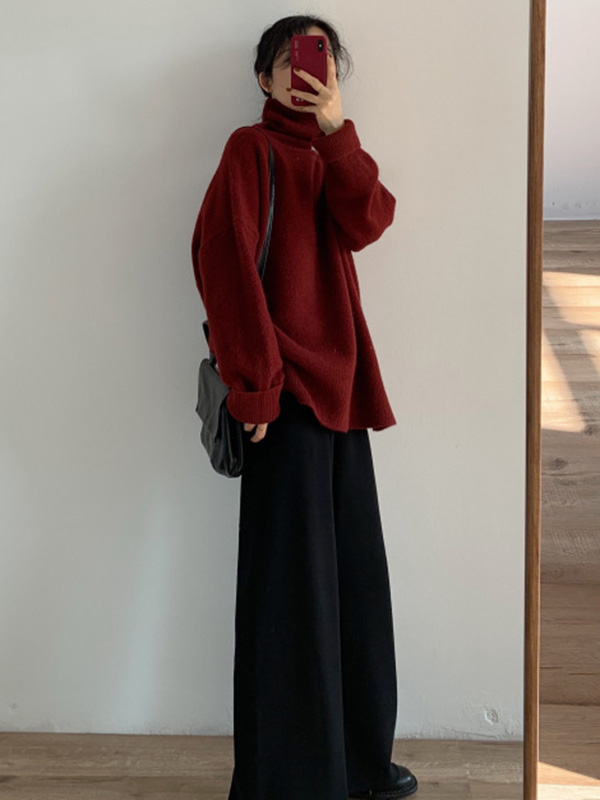 Casual Long Sleeves Loose Solid Color High-Neck Sweater Tops