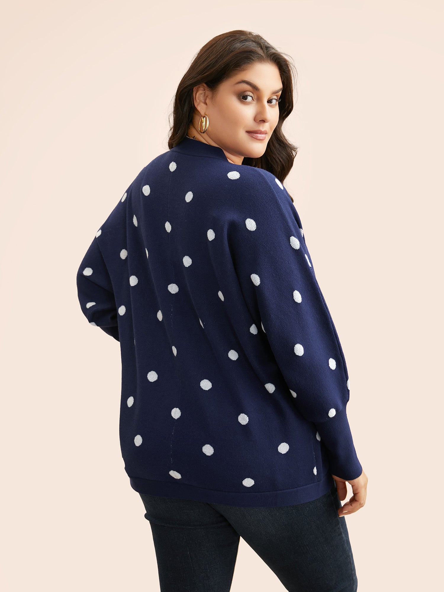 Polka Dot Curved Hem Dolman Sleeve Cardigan