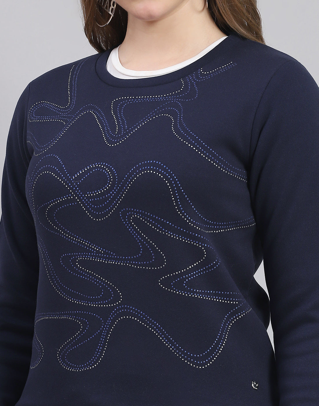 Women Navy Blue Printed Round Neck Full Sleeve Sweatshirt