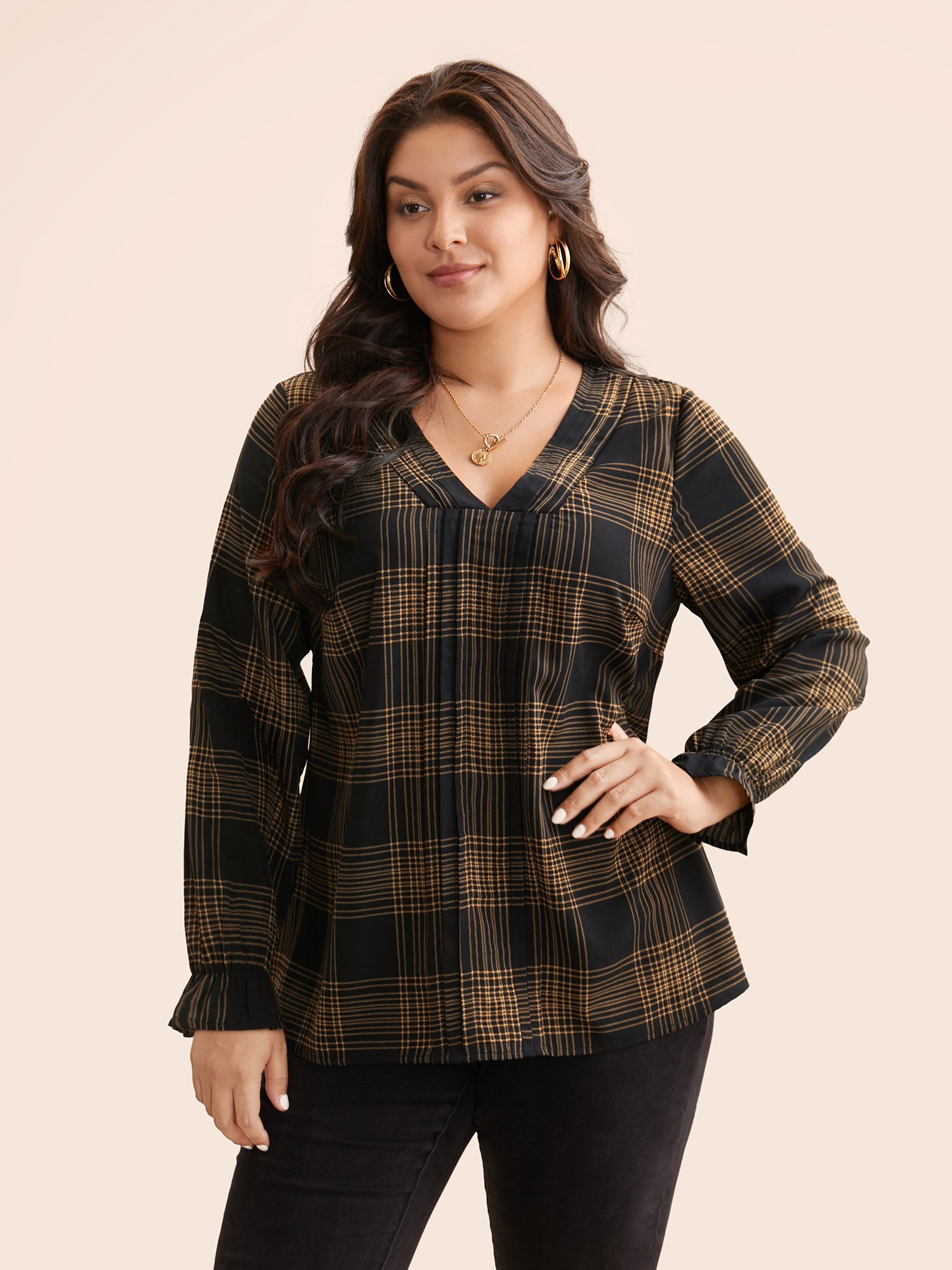 Plaid Pleated Lantern Sleeve Blouse