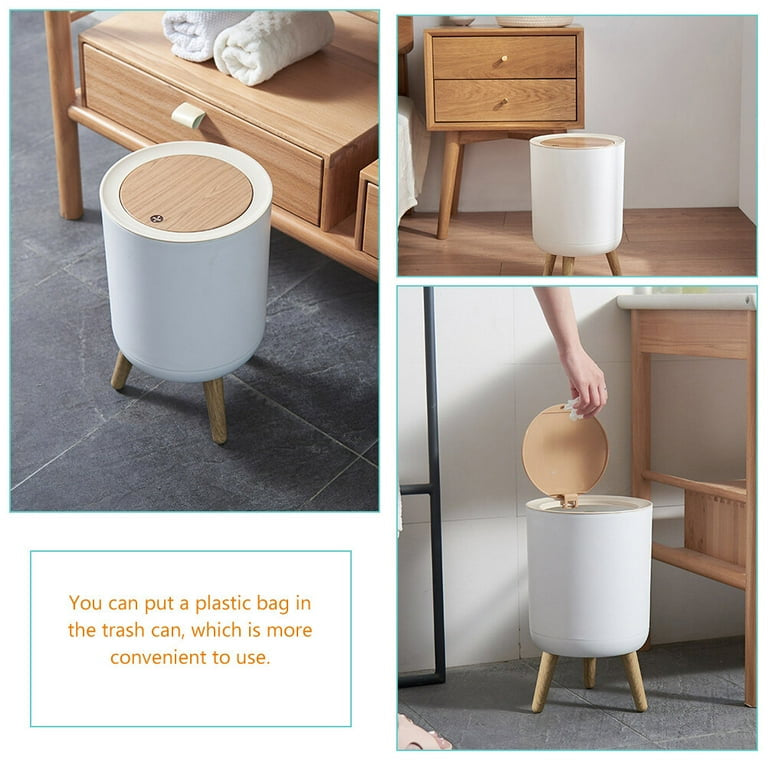 Dustbin With White Body And Wooden Lid (Round Shape)