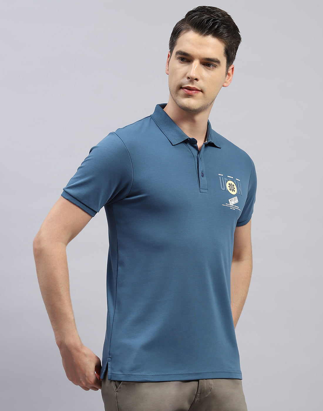 Men Teal Blue Printed Polo Collar Half Sleeve T-Shirt