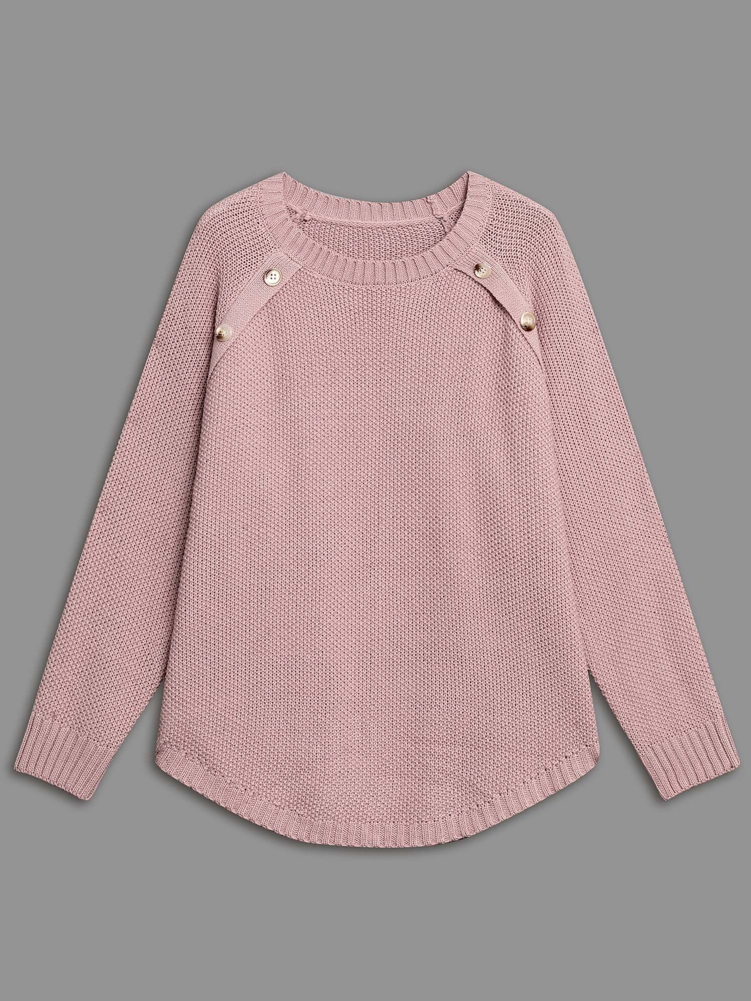 Plain Textured Button Detail Curved Hem Pullover