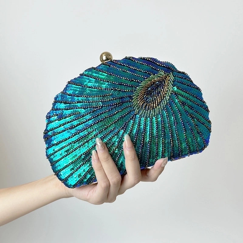 Blue Black Gold Metal Feather Beading Sequins Shell Evening Bags