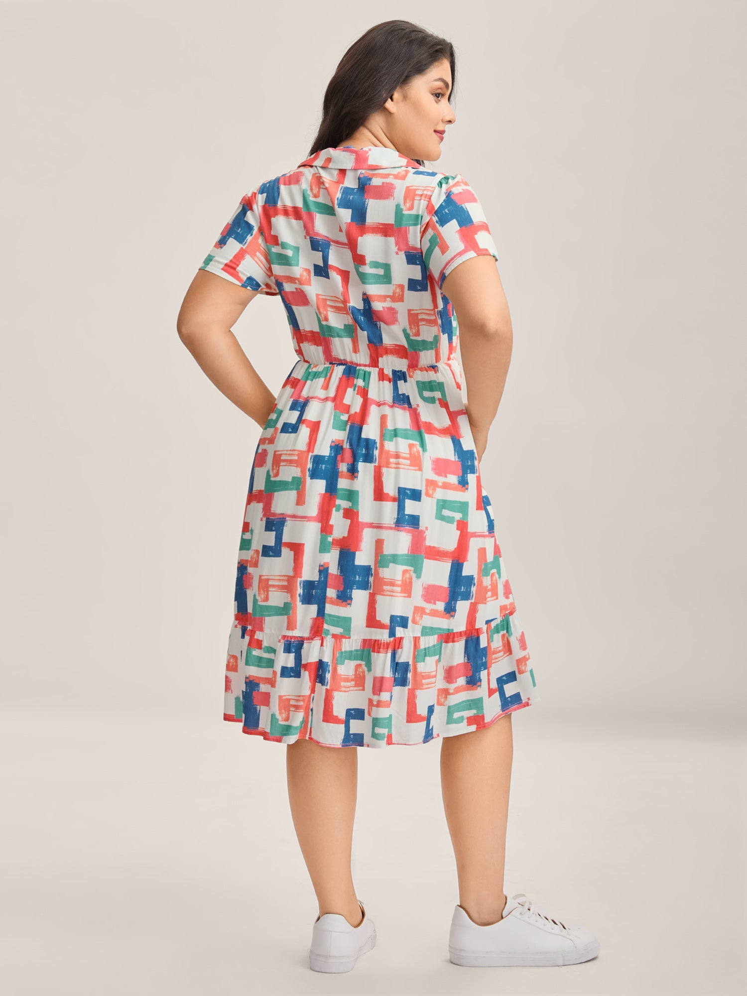 Color Puzzle Rayon Collar Midi Dress