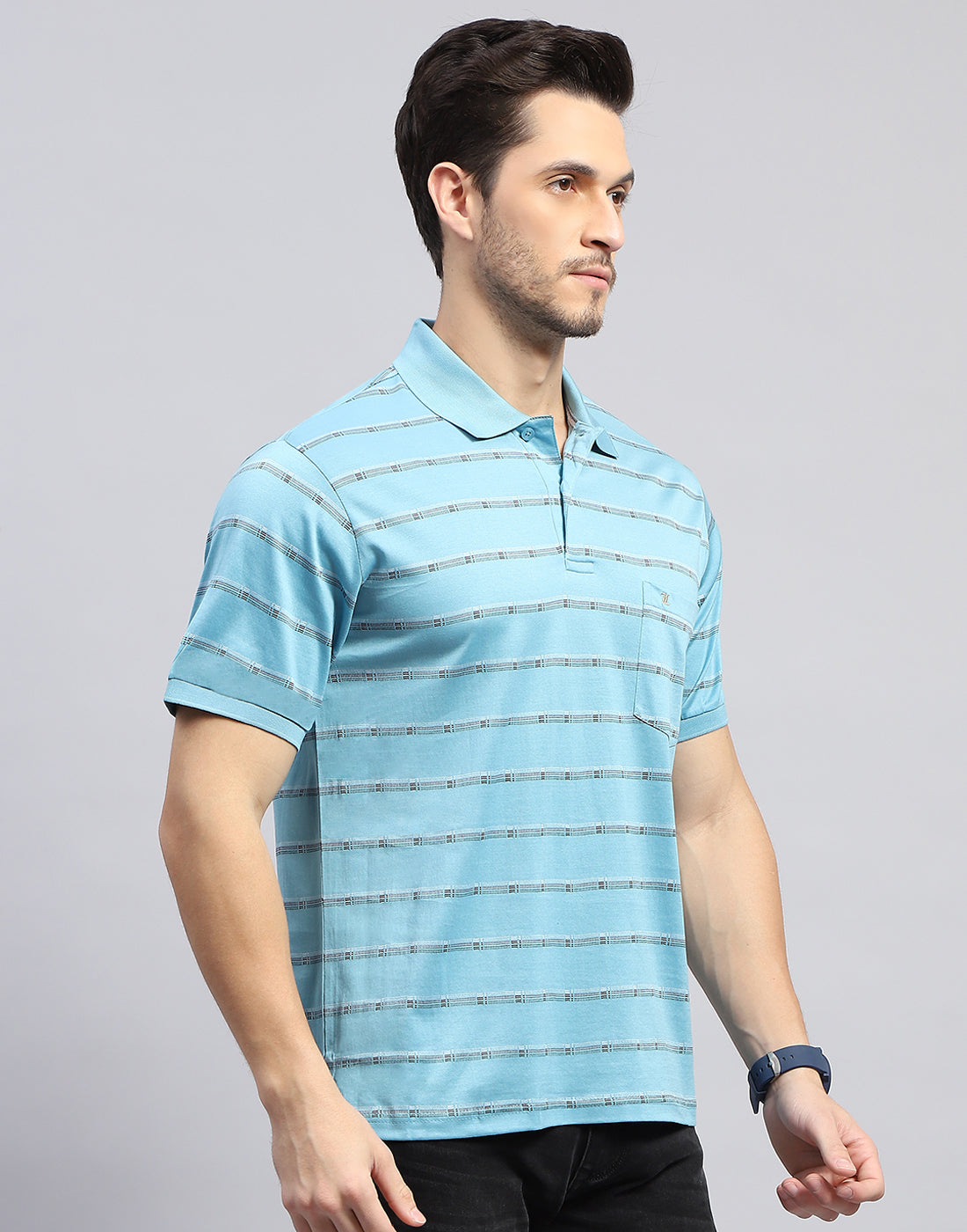 Men Sky Blue Stripe Polo Collar Half Sleeve T-Shirt