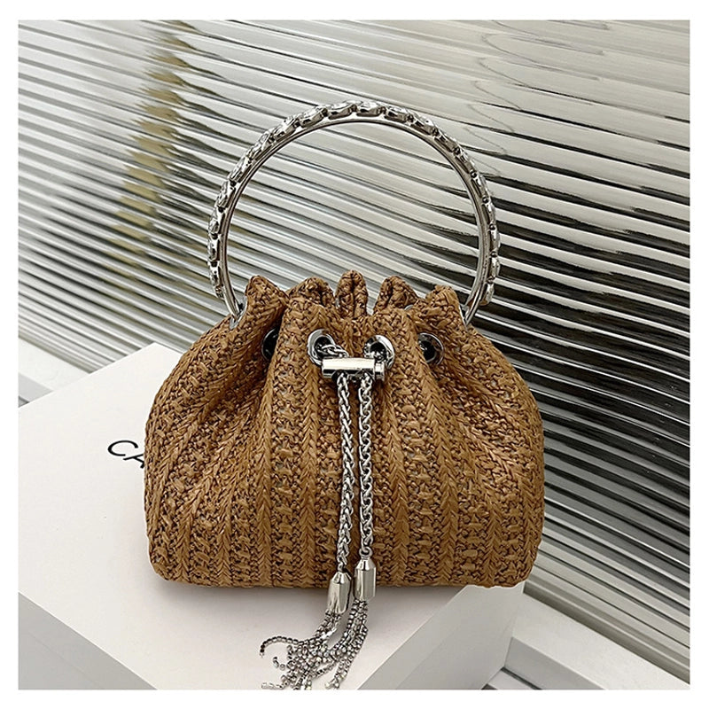 Women's All Seasons Straw Solid Color Vacation Bucket String Handbag Straw Bag