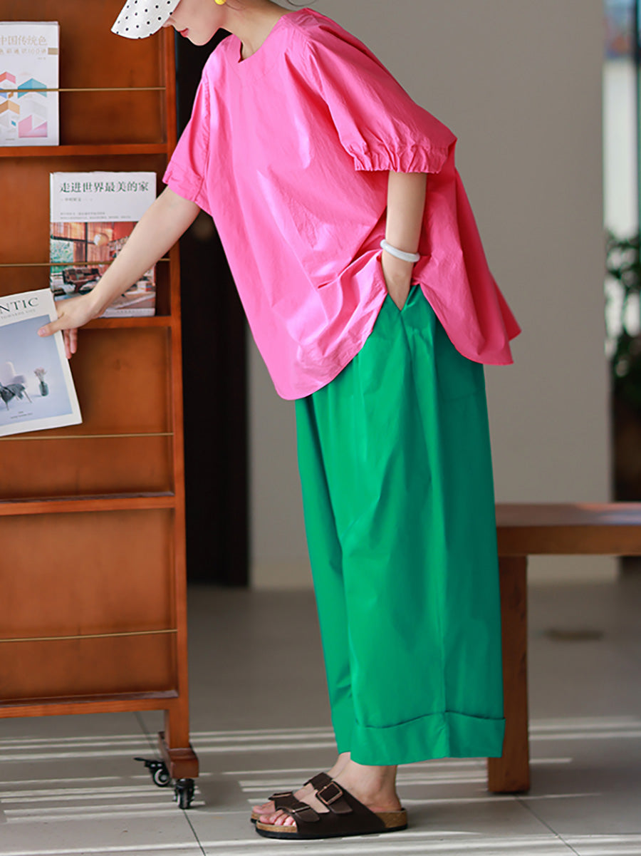 Women Summer Casual Pure Color 100%Cotton Wide-leg Pants