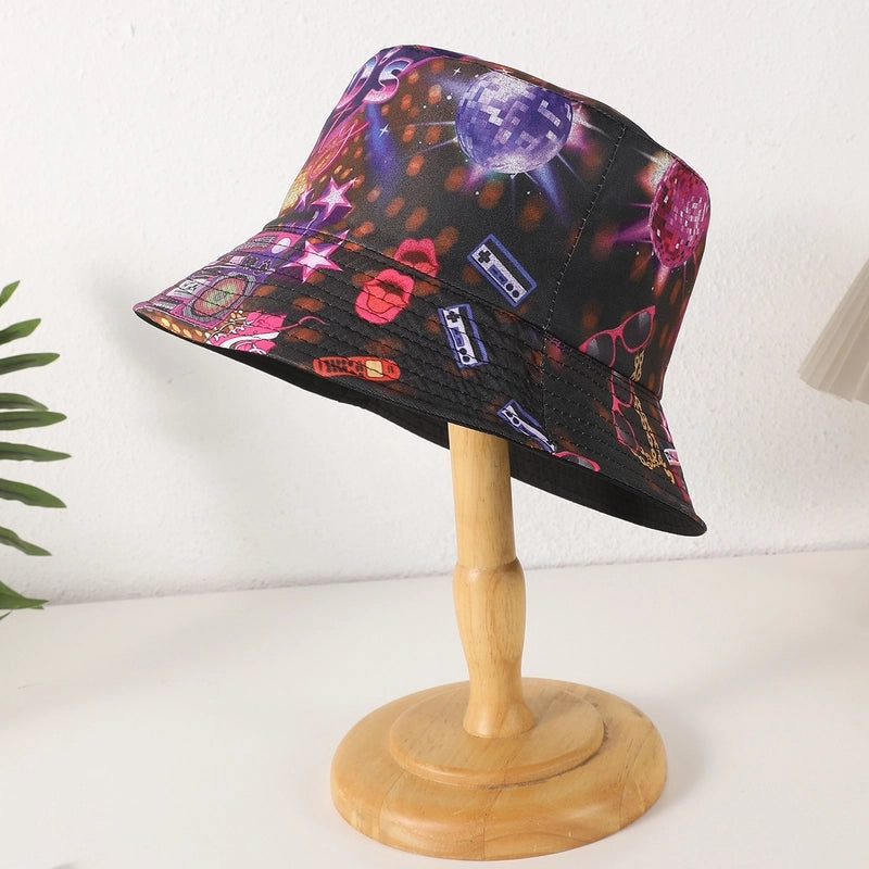 Unisex Casual Retro Artistic Letter Color Block Printing Curved Eaves Bucket Hat